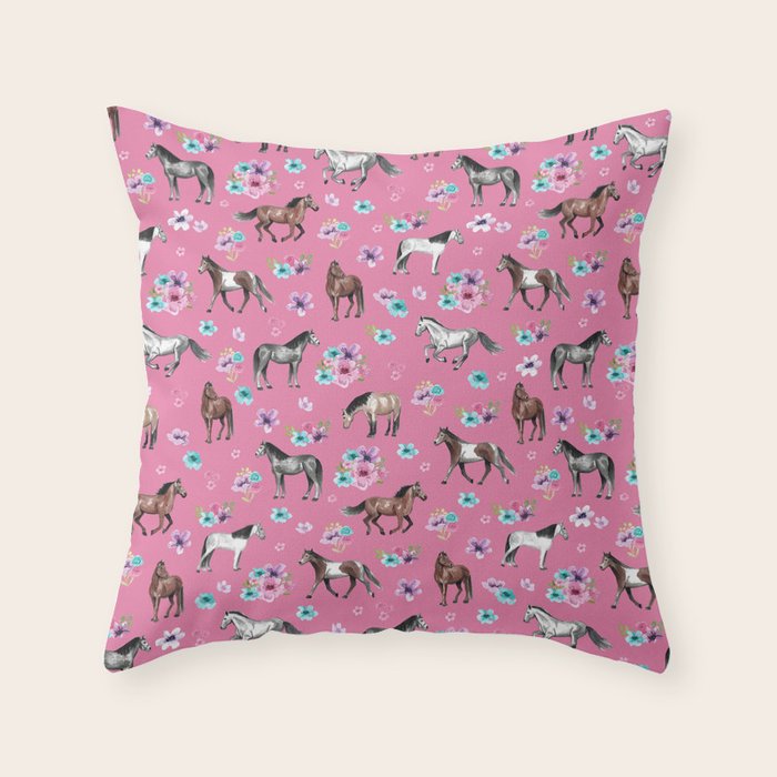 Pink Horse Print, Hand Drawn, Horses and Flowers, Girls Room, Throw Pillow Gallery Image 6