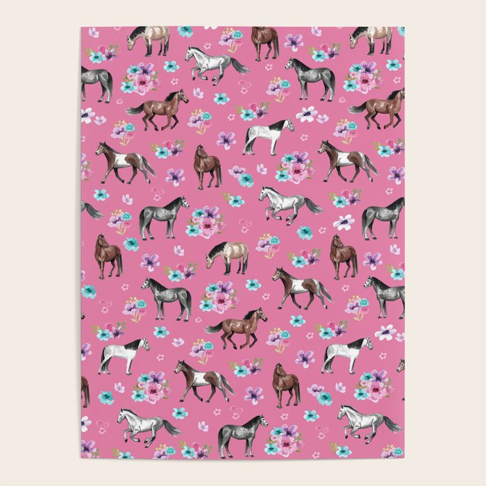 Pink Horse Print, Hand Drawn, Horses and Flowers, Girls Room, Poster Gallery Image 4