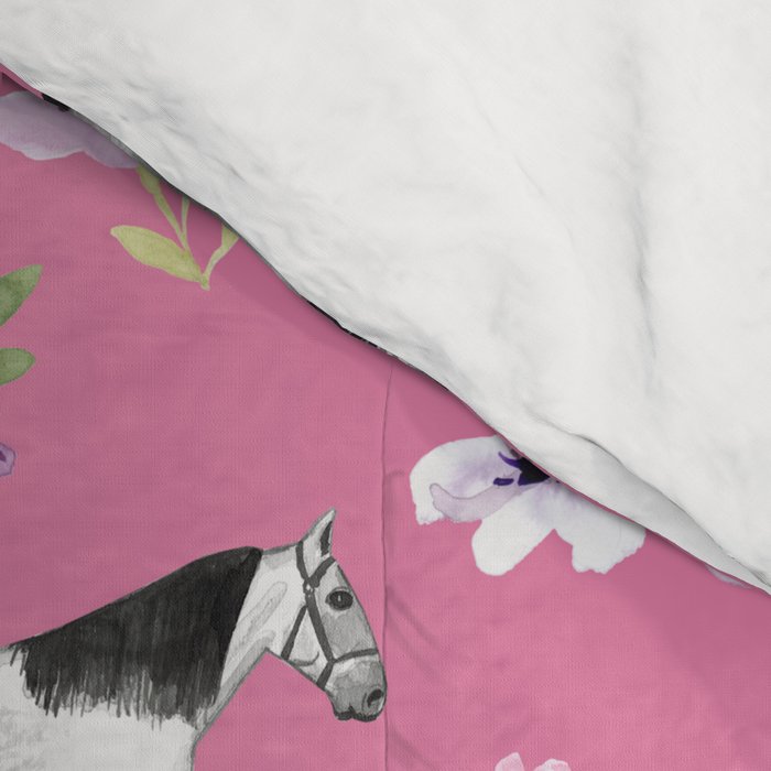 Pink Horse Print, Hand Drawn, Horses and Flowers, Girls Room, Comforter Gallery Image 4