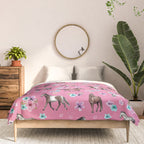 Pink Horse Print, Hand Drawn, Horses and Flowers, Girls Room, Comforter Gallery Image 3