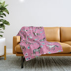 Pink Horse Print, Hand Drawn, Horses and Flowers, Girls Room, Throw Blanket Gallery Image 1