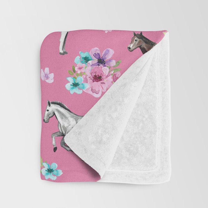 Pink Horse Print, Hand Drawn, Horses and Flowers, Girls Room, Throw Blanket Gallery Image 3