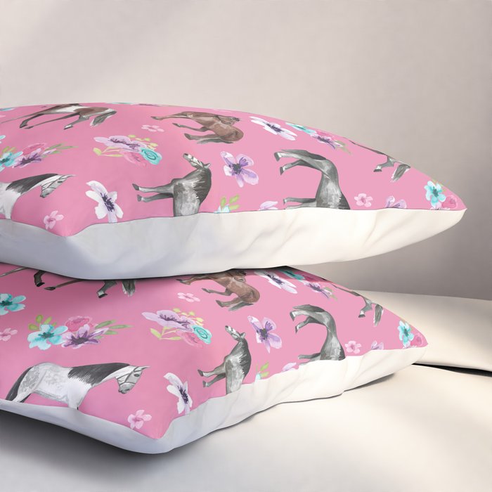 Pink Horse Print, Hand Drawn, Horses and Flowers, Girls Room, Pillow Sham Gallery Image 3