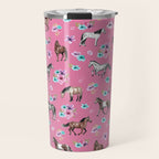 Pink Horse Print, Hand Drawn, Horses and Flowers, Girls Room, Travel Mug Gallery Image 1