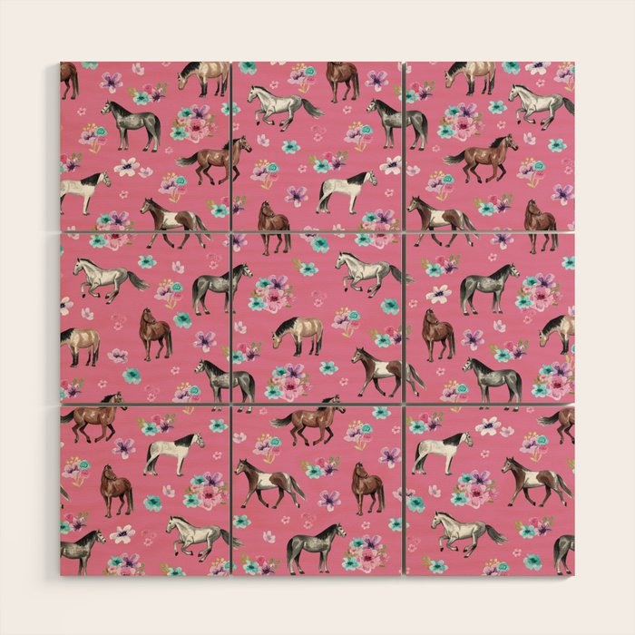 Pink Horse Print, Hand Drawn, Horses and Flowers, Girls Room, Wood Wall Art Gallery Image 1
