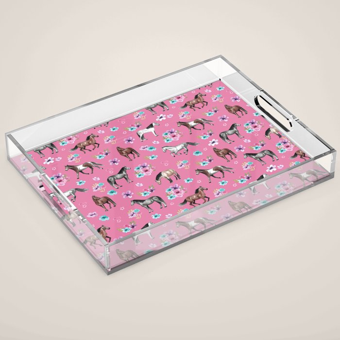 Pink Horse Print, Hand Drawn, Horses and Flowers, Girls Room, Acrylic Tray Gallery Image 1