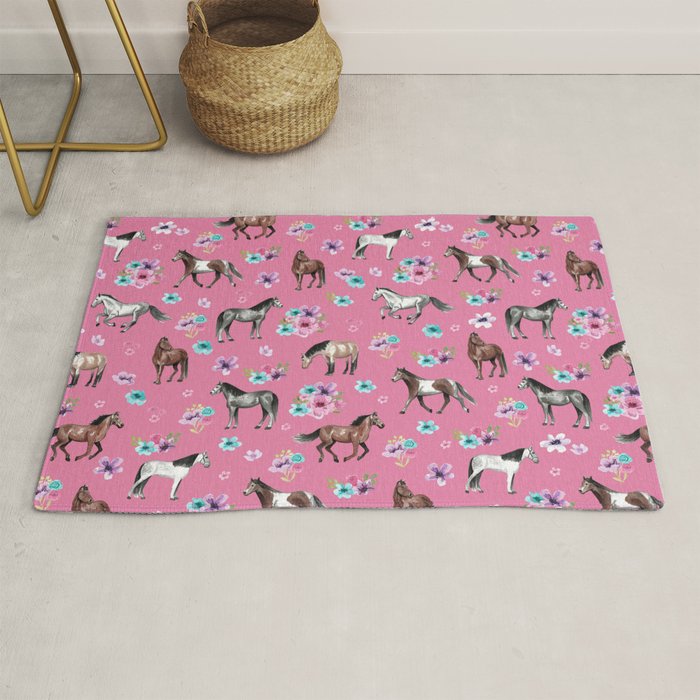 Pink Horse Print, Hand Drawn, Horses and Flowers, Girls Room, Rug Gallery Image 1