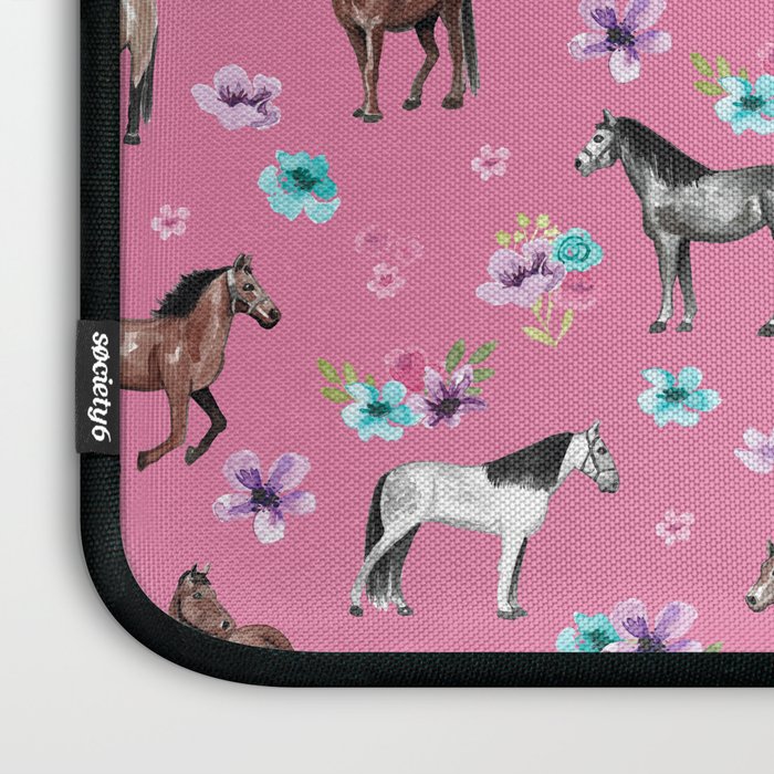 Pink Horse Print, Hand Drawn, Horses and Flowers, Girls Room, Laptop Sleeve Gallery Image 3