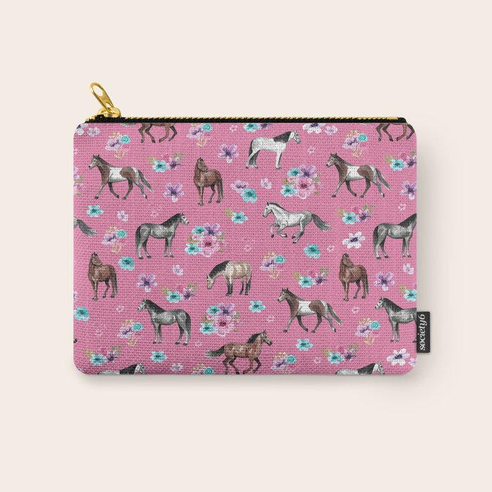 Pink Horse Print, Hand Drawn, Horses and Flowers, Girls Room, Carry All Pouch Gallery Image 1