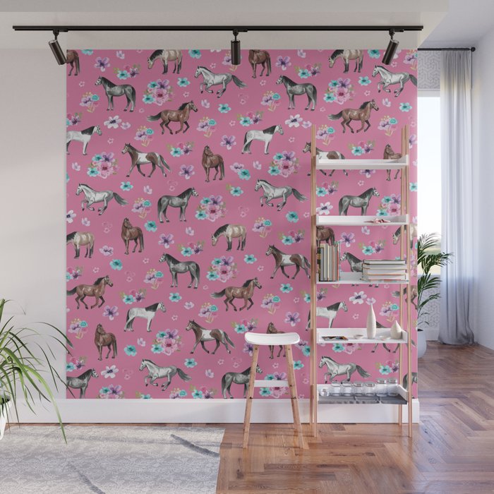 Pink Horse Print, Hand Drawn, Horses and Flowers, Girls Room, Wall Mural Gallery Image 1