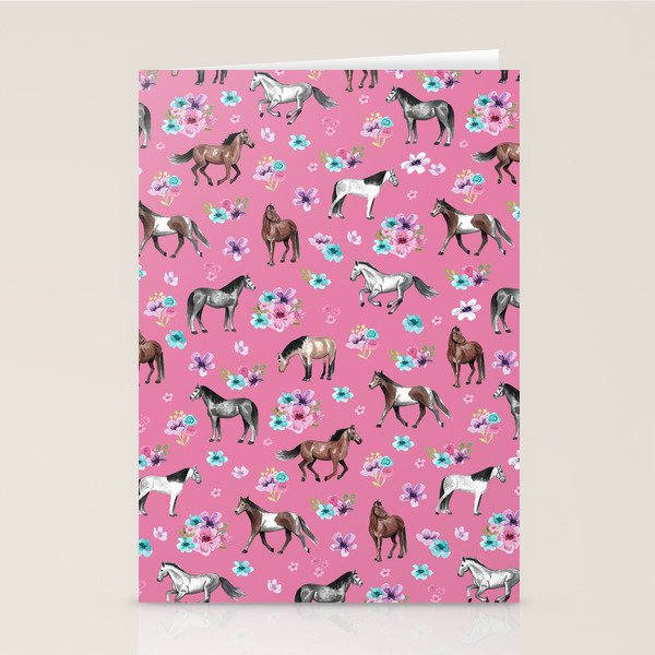 Pink Horse Print, Hand Drawn, Horses and Flowers, Girls Room, Stationery Card Gallery Image 1