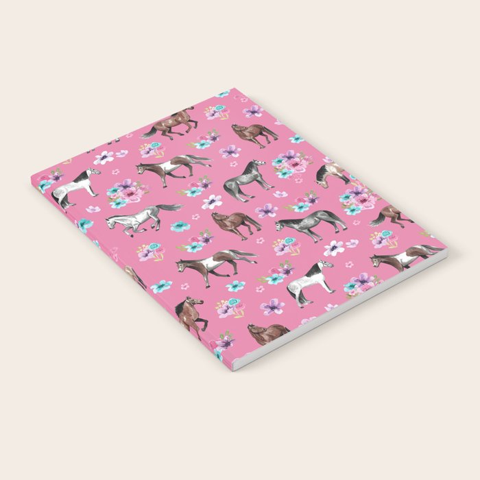 Pink Horse Print, Hand Drawn, Horses and Flowers, Girls Room, Notebook Gallery Image 2