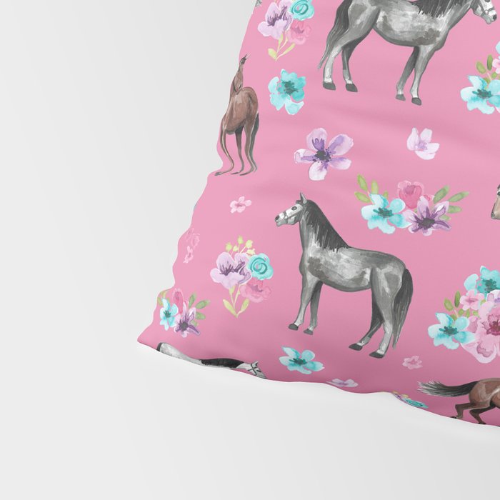 Pink Horse Print, Hand Drawn, Horses and Flowers, Girls Room, Pillow Sham Gallery Image 4