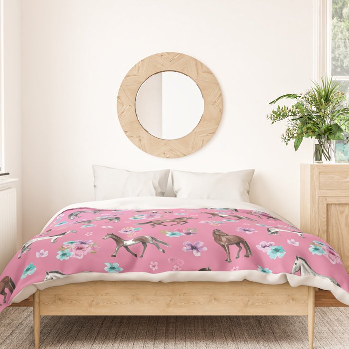 Pink Horse Print, Hand Drawn, Horses and Flowers, Girls Room, Duvet Cover Gallery Image 3