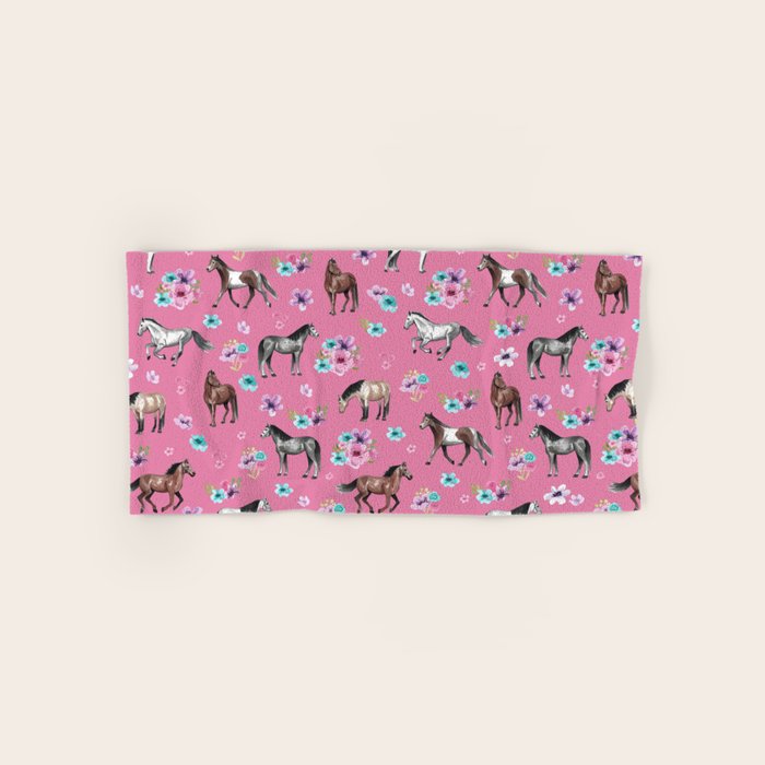 Pink Horse Print, Hand Drawn, Horses and Flowers, Girls Room, Bath Towel Gallery Image 1