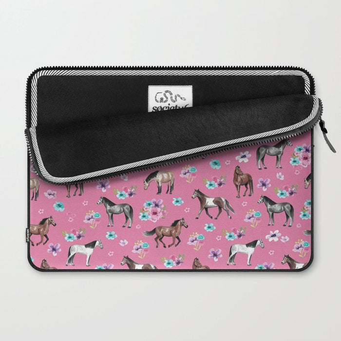 Pink Horse Print, Hand Drawn, Horses and Flowers, Girls Room, Laptop Sleeve Gallery Image 2