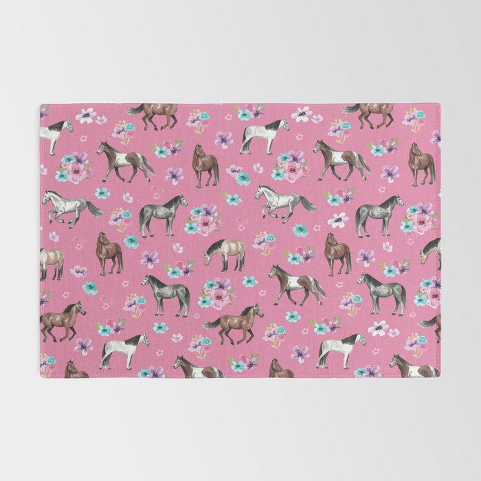 Pink Horse Print, Hand Drawn, Horses and Flowers, Girls Room, Rug Gallery Image 2