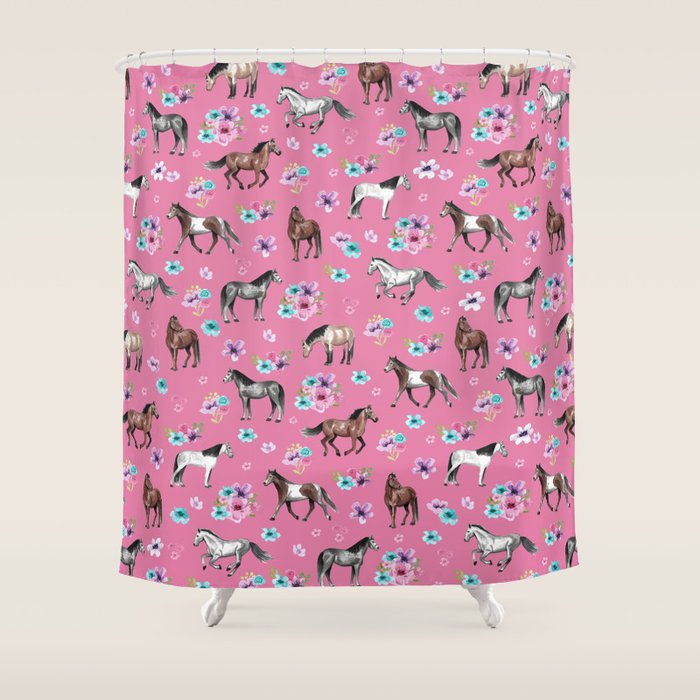 Pink Horse Print, Hand Drawn, Horses and Flowers, Girls Room, Shower Curtain Gallery Image 1