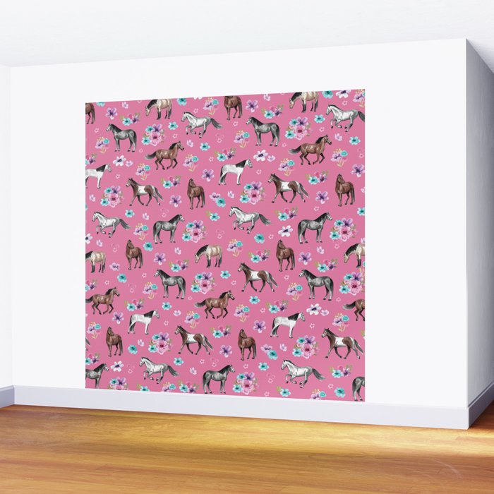 Pink Horse Print, Hand Drawn, Horses and Flowers, Girls Room, Wall Mural Gallery Image 2