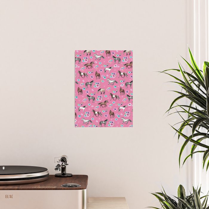 Pink Horse Print, Hand Drawn, Horses and Flowers, Girls Room, Poster Gallery Image 2