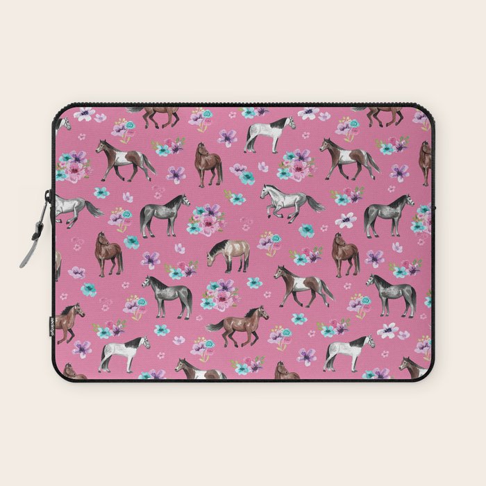 Pink Horse Print, Hand Drawn, Horses and Flowers, Girls Room, Laptop Sleeve Gallery Image 1