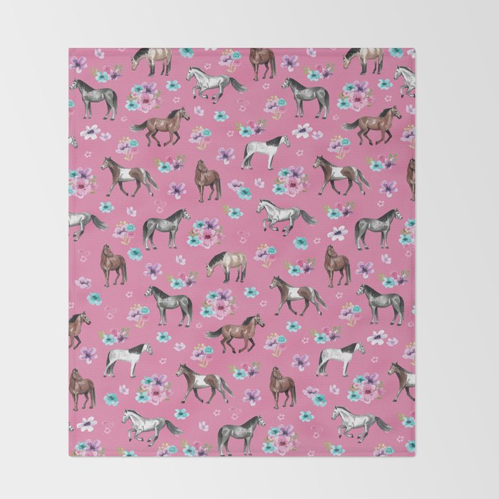 Pink Horse Print, Hand Drawn, Horses and Flowers, Girls Room, Throw Blanket Gallery Image 2