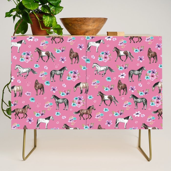 Pink Horse Print, Hand Drawn, Horses and Flowers, Girls Room, Credenza Gallery Image 1