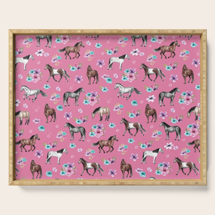 Pink Horse Print, Hand Drawn, Horses and Flowers, Girls Room, Serving Tray Gallery Image 1