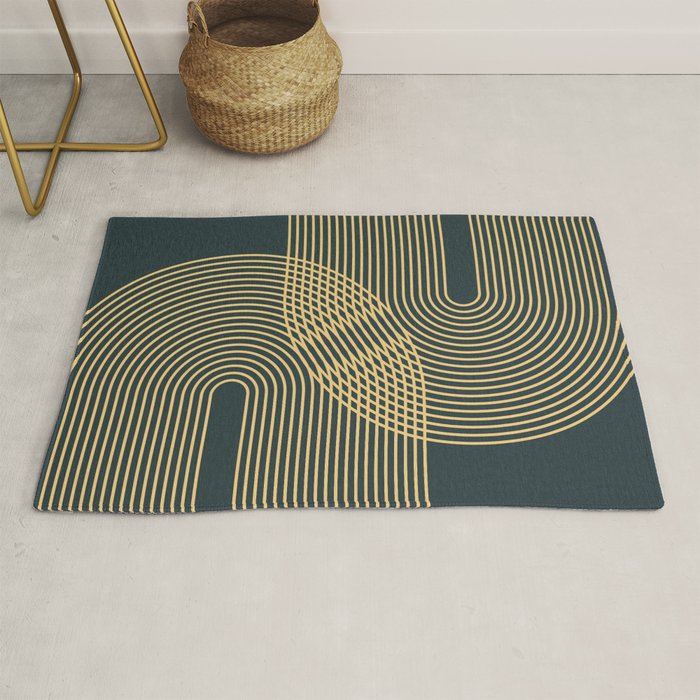 Geometric Lines Rainbows 19 in Slate Blue Gold Rug Gallery Image 1