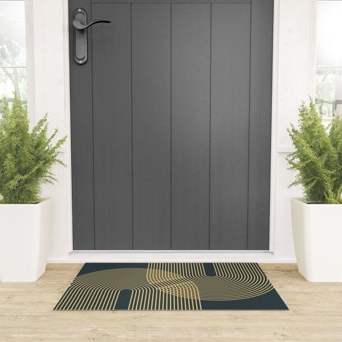 Geometric Lines Rainbows 19 in Slate Blue Gold Welcome Mat Gallery Image 3