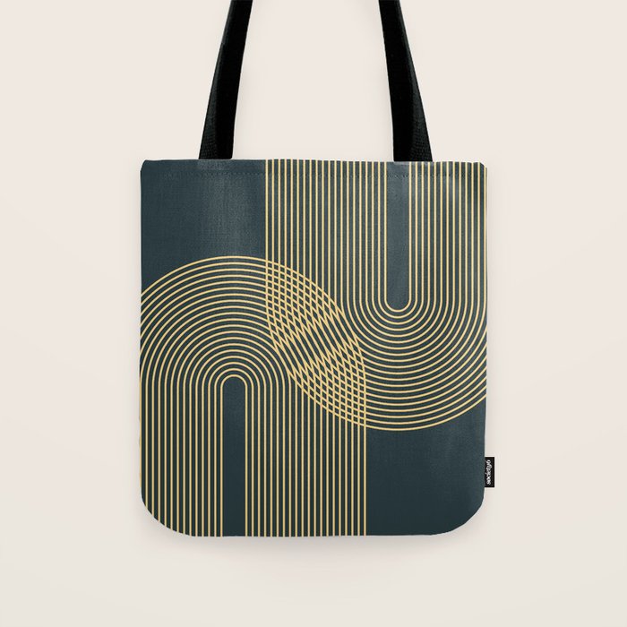 Geometric Lines Rainbows 19 in Slate Blue Gold Tote Bag Gallery Image 1