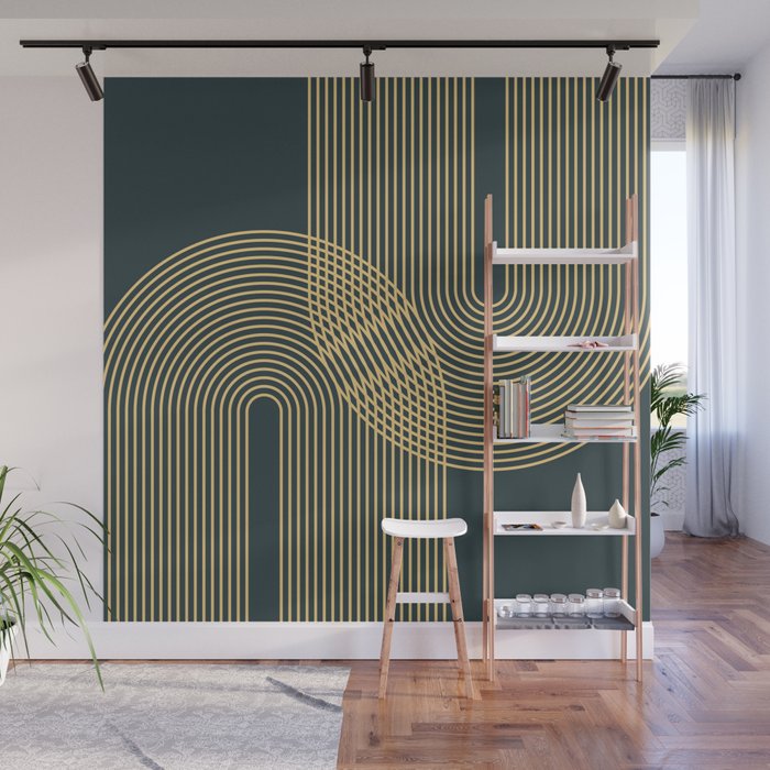 Geometric Lines Rainbows 19 in Slate Blue Gold Wall Mural Gallery Image 1