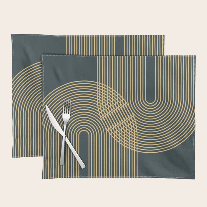 Geometric Lines Rainbows 19 in Slate Blue Gold Placemat