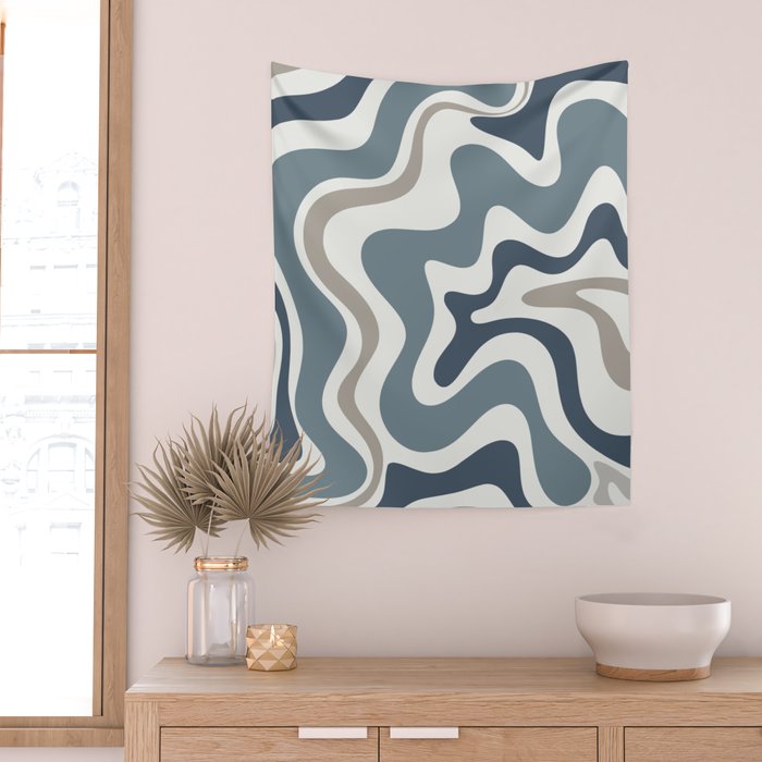 Liquid Swirl Abstract Pattern in Neutral Blue Gray on Off White Wall Tapestry Gallery Image 2