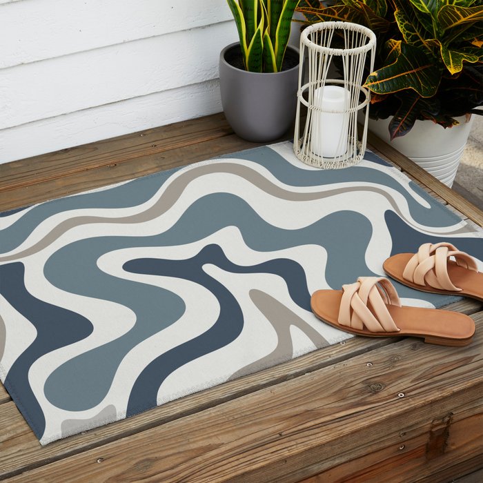 Liquid Swirl Abstract Pattern in Neutral Blue Gray on Off White Outdoor Rug Gallery Image 2
