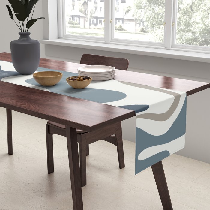 Liquid Swirl Abstract Pattern in Neutral Blue Gray on Off White Table Runner Gallery Image 2