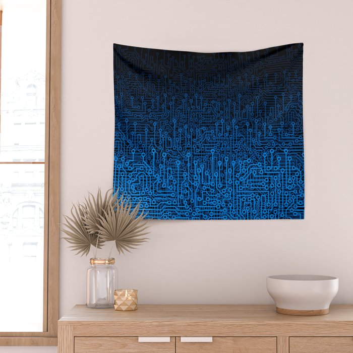 Reboot III BLUE Computer Circuit Board Pattern Wall Tapestry Gallery Image 2