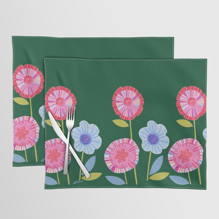 Folky Flowers in Bloom in Green & Pink Placemat Gallery Image 1