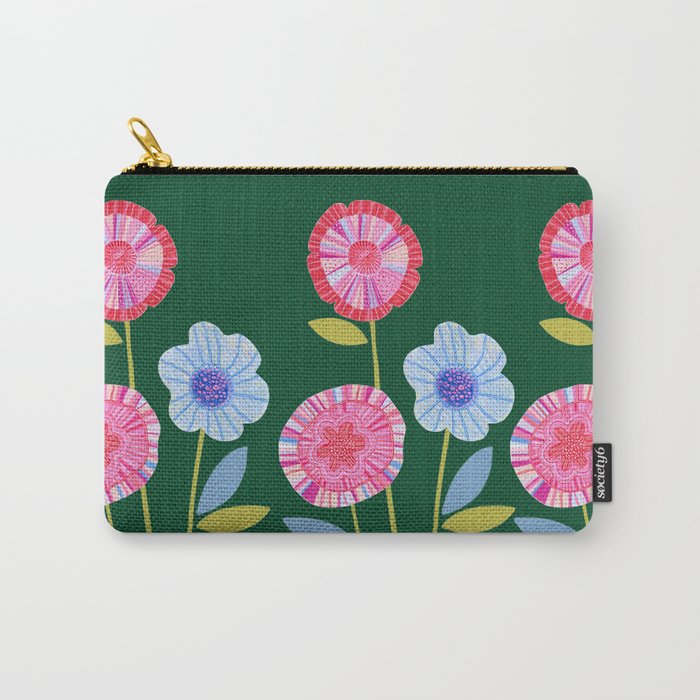 Folky Flowers in Bloom in Green & Pink Carry All Pouch Gallery Image 1