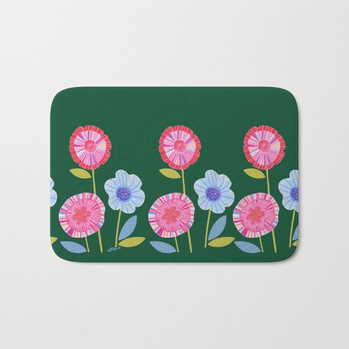 Folky Flowers in Bloom in Green & Pink Bath Mat Gallery Image 1