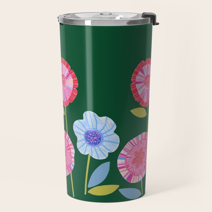 Folky Flowers in Bloom in Green & Pink Travel Mug Gallery Image 2
