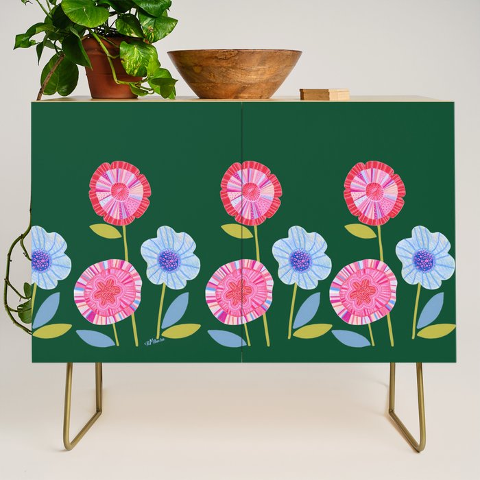 Folky Flowers in Bloom in Green & Pink Credenza Gallery Image 1