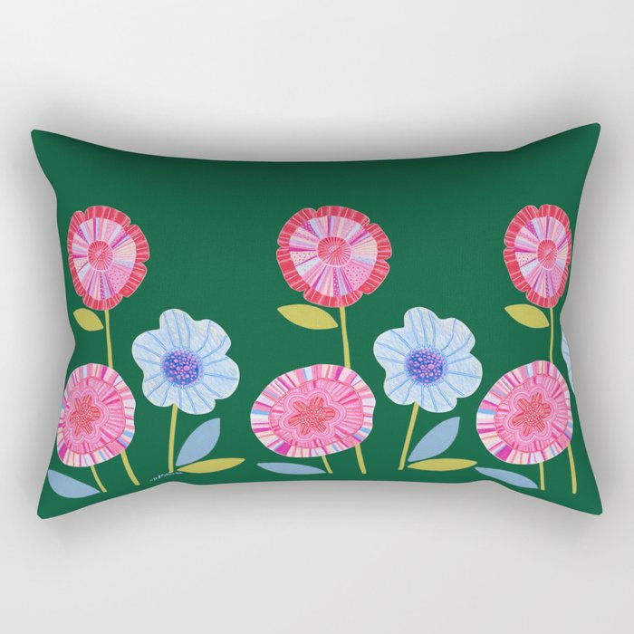 Folky Flowers in Bloom in Green & Pink Rectangular Pillow Gallery Image 2