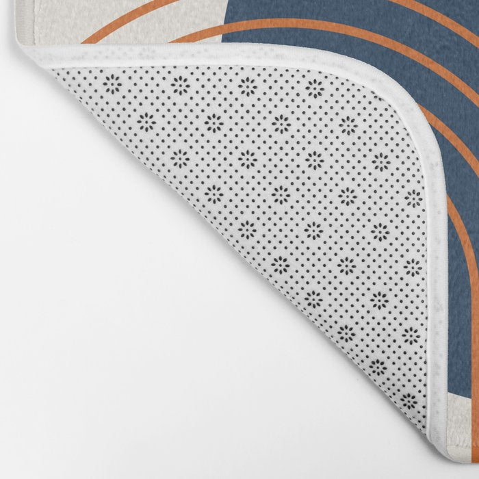 Mid Century Modern Geometric 162 Sun Rainbow abstract in Navy Blue Orange Bath Mat Gallery Image 2