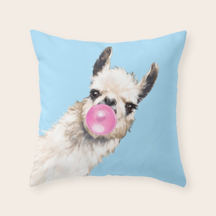 Bubble Gum Sneaky Llama in Blue Throw Pillow Gallery Image 6