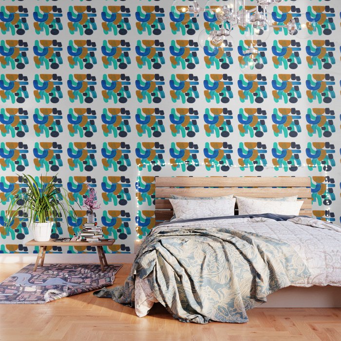 Minimalist Abstract Mid Century Modern Colorful Shapes Marine Green Teal Blue Yellow Pattern Wallpaper Gallery Image 1