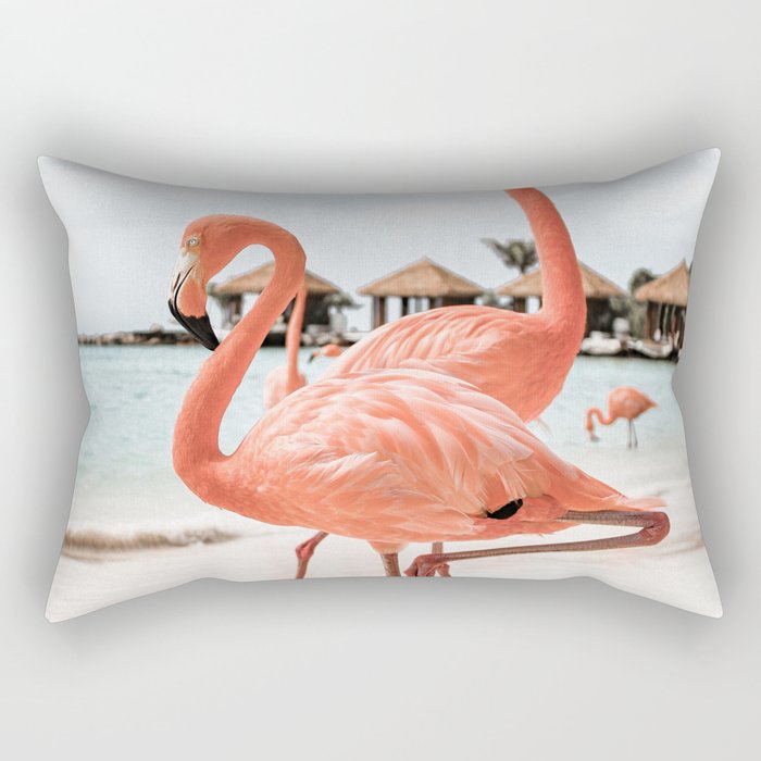 Pink Flamingos On Aruba Island Art Photo | Caribbean Beach Wall Print | Tropical Travel Photography Rectangular Pillow Gallery Image 1