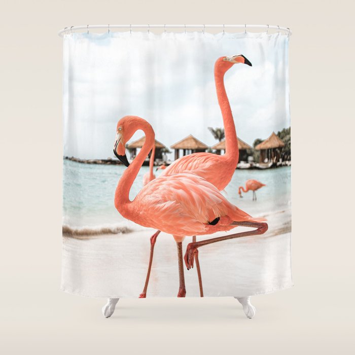 Pink Flamingos On Aruba Island Art Photo | Caribbean Beach Wall Print | Tropical Travel Photography Shower Curtain Gallery Image 1