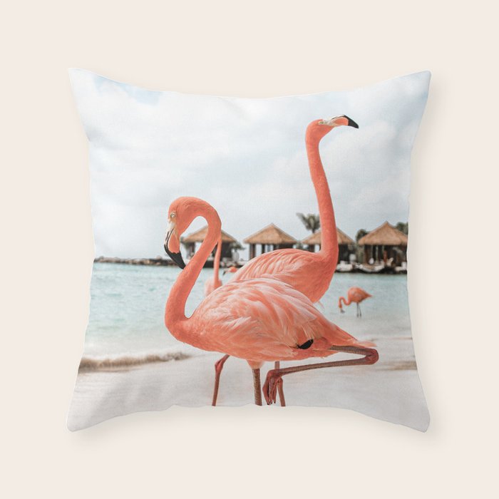 Pink Flamingos On Aruba Island Art Photo | Caribbean Beach Wall Print | Tropical Travel Photography Throw Pillow Gallery Image 1