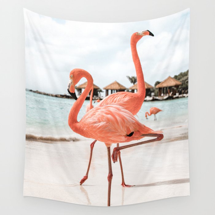 Pink Flamingos On Aruba Island Art Photo | Caribbean Beach Wall Print | Tropical Travel Photography Wall Tapestry Gallery Image 1